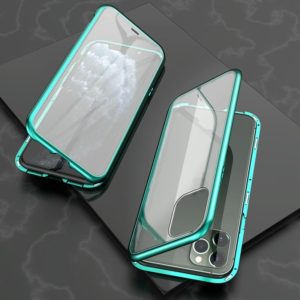 For iPhone 11 Pro Ultra Slim Double Sides Magnetic Adsorption Angular Frame Tempered Glass Magnet Flip Case(Green) (OEM)