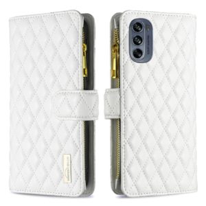 For Motorola Moto G62 Diamond Lattice Zipper Wallet Leather Flip Phone Case(White) (OEM)