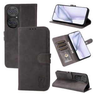 For Huawei P50 Embossed Happy Cat Pattern Horizontal Flip Leather Case with Holder & Card Slots & Wallet(Grey) (OEM)