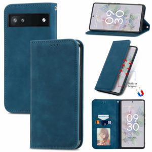 For Google Pixel 6a Retro Skin Feel Magnetic Horizontal Flip Leather Phone Case(Blue) (OEM)