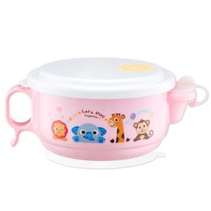 450ml Stainless Steel Interior And Plastic Exterior Double Layer Cartoon Style Bowl With Cover And Handles For Child At Age 2 To 9(Pink) (OEM)