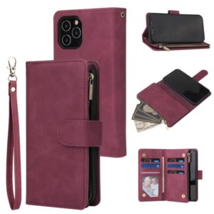 For iPhone 12 / 12 Pro Multifunctional Retro Frosted Horizontal Flip Leather Case with Card Slot & Holder & Zipper Wallet & Photo Frame & Lanyard(Red Wine) (OEM)