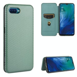 For OPPO Reno A Carbon Fiber Texture Horizontal Flip TPU + PC + PU Leather Case with Card Slot(Green) (OEM)