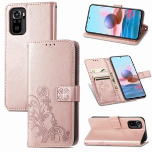 For Xiaomi Redmi Note 10 4G Four-leaf Clasp Embossed Buckle Mobile Phone Protection Leather Case with Lanyard & Card Slot & Wallet & Bracket Function(Rose Gold) (OEM)