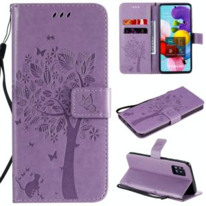 For Samsung Galaxy A51 5G Tree & Cat Embossed Pattern Horizontal Flip Leather Case with Holder & Card Slots & Wallet & Lanyard(Light Purple) (OEM)