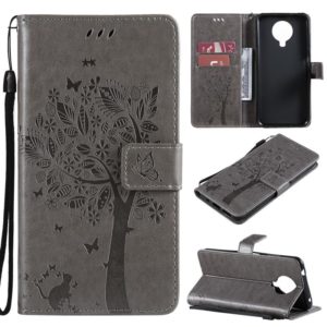 For Nokia 6.3 Tree & Cat Pattern Pressed Printing Horizontal Flip PU Leather Case with Holder & Card Slots & Wallet & Lanyard(Gray) (OEM)