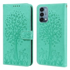 For OnePlus Nord N200 5G Tree & Deer Pattern Pressed Printing Horizontal Flip Leather Phone Case(Green) (OEM)