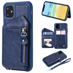 For iPhone 11 Dual Buckles Zipper Shockproof Back Cover Protective Case with Holder & Card Slots & Wallet & Lanyard & Photos Frames(Blue) (OEM)