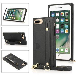 For iPhone 6 Plus Wrist Strap PU+TPU Shockproof Protective Case with Crossbody Lanyard & Holder & Card Slot(Black) (OEM)