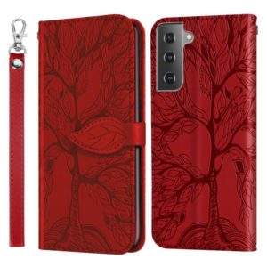 For Samsung Galaxy S21 5G Life of Tree Embossing Pattern Horizontal Flip Leather Case with Holder & Card Slot & Wallet & Photo Frame & Lanyard(Red) (OEM)