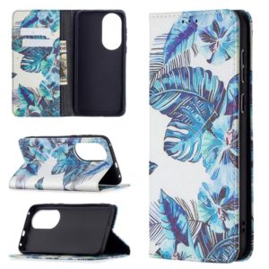 For Huawei P50 Colored Drawing Pattern Invisible Magnetic Horizontal Flip PU Leather Case with Holder & Card Slots & Wallet(Blue Leaves) (OEM)