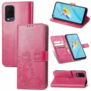 For OPPO A54 4G Four-leaf Clasp Embossed Buckle Mobile Phone Protection Leather Case with Lanyard & Card Slot & Wallet & Bracket Function(Rose Red) (OEM)