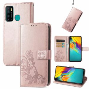 For Infinix Hot 9 Four-leaf Clasp Embossed Buckle Mobile Phone Protection Leather Case with Lanyard & Card Slot & Wallet & Bracket Function(Rose Gold) (OEM)