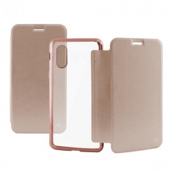 Δερμάτινη Θήκη Stand Metal Πορτοφόλι με Πίσω Κάλυμμα Σιλικόνης για Apple iPhone X - Rose Gold (KSIX)