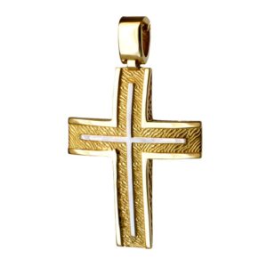 Δίχρωμος ανάγλυφος σταυρός βάπτισης χρυσός 14Κ