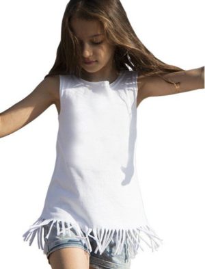 Girly - 00550 Παιδικό αμάνικο μπλουζο-φόρεμα από βαμβακερό ύφασμα με κρόσια WHITE