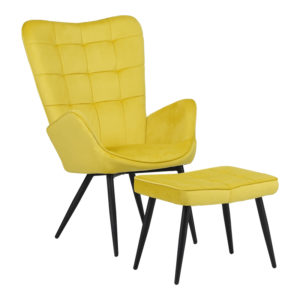 Πολυθρόνα με υποπόδιο Dorita pakoworld βελούδο κίτρινο-πόδι μαύρο μέταλλο 68.5x76x103εκ 1τεμ