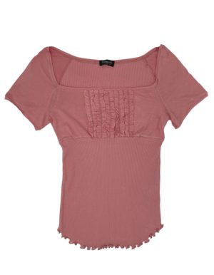 Moretta παλιό ροζ ριπ βαμβακερή κοντομάνικη γυναικεία μπλούζα με βολάν 7012/4