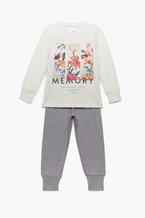 Πιτζάμα Παιδική Χειμερινή με Τύπωμα Memory για Κορίτσι Κρεμ-Γκρι, Βαμβακερή 100% - Pretty Baby, pb-64875