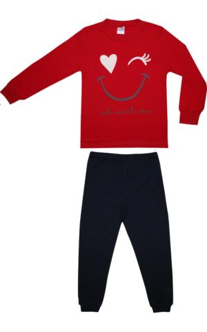 Πιτζάμα Παιδική Χειμερινή με Τύπωμα Smile για Κορίτσι Κόκκινο-Γκρι, Βαμβακερή 100% - Pretty Baby, pb-64986-kokkino