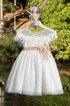 Βαπτιστικό φορεματάκι για κορίτσι Εκρού με Μπεζ πουά Κ4301Φ, Mi Chiamo, mc19-K4301f