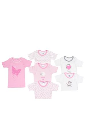 Παιδικά Φανελάκια 6 τμχ Λευκό-Ροζ Κοντό Μανίκι Βαμβακερά 100% - Pretty Baby, pb-47442