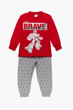 Πιτζάμα Παιδική Χειμερινή με Τύπωμα Brave για Αγόρι Κόκκινο-Γκρι, Βαμβακερή 100% - Pretty Baby, pb-68180-kokkino-gri