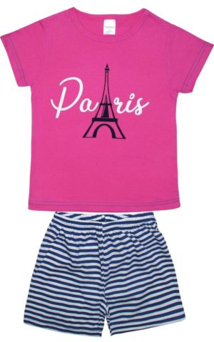 Πιτζάμα Παιδική Καλοκαιρινή Σετ 2 τεμαχίων Paris για Κορίτσι Φουξ/Ρίγα Μαρίν Ψιλή Πλέξη Υφάσματος, Βαμβακερό 100% - Pretty Baby, pb-63132-foux-riga-marin