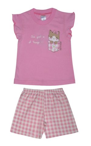 Παιδική Καλοκαιρινή Πιτζάμα για Κορίτσι Γατούλα Ροζ-Λιλά, Ψιλή Πλέξη Υφάσματος, Βαμβακερή 100% - Pretty Baby, pb-65536-roz-lila