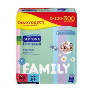 Septona Dermasoft Chamomille Family Μωρομάντηλα χωρίς Οινόπνευμα & Parabens με Χαμομήλι (με καπάκι)3x100τμχ