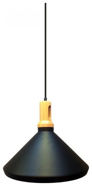 Κρεμαστό Φωτιστικό V-TAC Μεταλλικό Κωνική Καμπάνα Μαύρο με Ξύλινη Βάση και ντουί Ε27 Φ350mm 3764