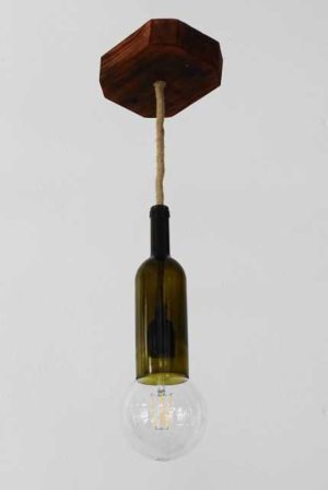 Κρεμαστό φωτιστικό οροφής από γυάλινο μπουκάλι, ξύλο και σχοινί 316