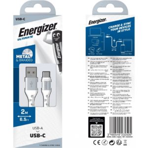 Καλώδιο σύνδεσης Energizer Metal / Braided Nylon σε USB-C 2m Λευκό.