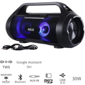 Akai ABTS-50 Αδιάβροχο φορητό ηχείο Bluetooth με TWS. USB. LED. micro SD και Aux-In – 30 W Μαύρο.( 3 άτοκες δόσεις.)