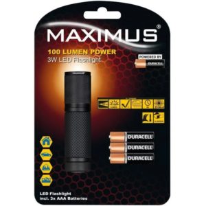 Φακός Αλουμινίου Maximus 3W Led Flashlight IPX4 100 Lumens Απόσταση 100m Μαύρος.