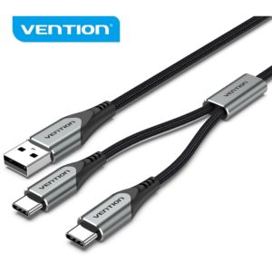 VENTION Nylon Braided USB 2.0 A Male to Dual Type-C Male 3A Y-Splitter Cable 0.5M Gray Aluminum Alloy Type (CQOHD).