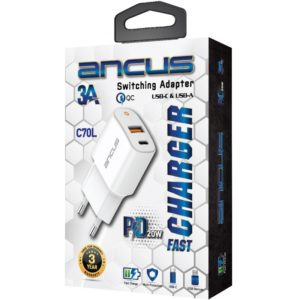 Φορτιστής Ταξιδίου Switching Ancus Supreme Series C70L Dual Fast Charge USB/USB-C Έξοδο QC3.0 PD 20W Λευκό με LED.