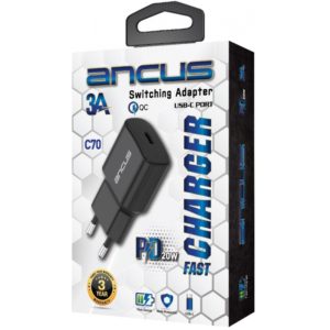Φορτιστής Ταξιδίου Switching Ancus Supreme Series C70 Fast Charge με USB-C Έξοδο QC 3.0 PD 20W 5V/3A Μαύρο.