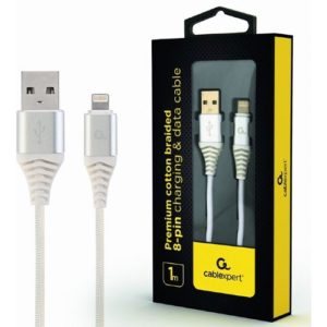 CABLEXPERT PREMIUM COTTON BRAIDED LIGHTNING CHARGING AND DATA CABLE 1M SILVER/WHITE RETAIL PACK CC-USB2B-AMLM-1M-BW2