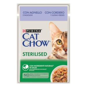 Υγρή Τροφή Cat Chow Sterilised σε Φακελάκι Πλήρης Τροφή για Ενήλικες Στειρωμένες Γάτες Πλούσια σε Αρνί & Φασολάκια σε Σάλτσα 85gr