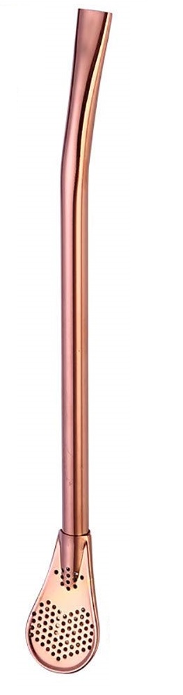 1 Μεταλλικό καλαμάκι με αναδευτήρα κουταλάκι μικρό ροζ-χρυσό