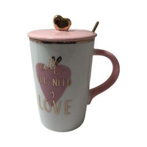 Love Κούπα Κεραμική με Καπάκι Λευκή Ροζ με κουταλακι μεταλλικο επιχρυσο 460 ml DF-404d