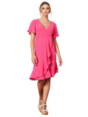 ANNA RAXEVSKY Γυναικείο φόρεμα με κρουαζέ μπούστο DF21136 FUXIA, Χρώμα Ροζ, Μέγεθος S