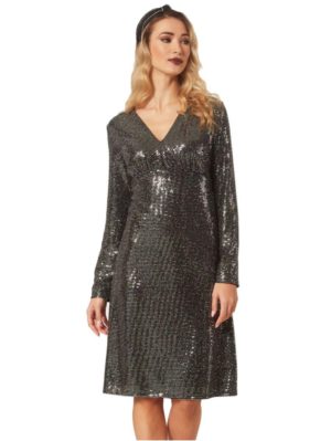 ANNA RAXEVSKY Ασημί φόρεμα από παγιέτα με σούρα D22221 SILVER, Μέγεθος L