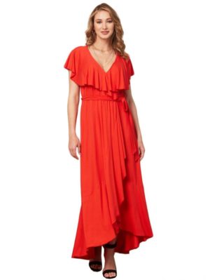 ANNA RAXEVSKY Γυναικείο κοραλλί μάξι ασύμετρο ελαστικό φόρεμα D21112 CORAL, Χρώμα Κόκκινο, Μέγεθος XL