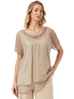 ANNA RAXEVSKY Γυναικεία μπέζ δικτυωτή ασύμμετρη μπλούζα B24116 BEIGE, Χρώμα Εκρού, Μέγεθος XL