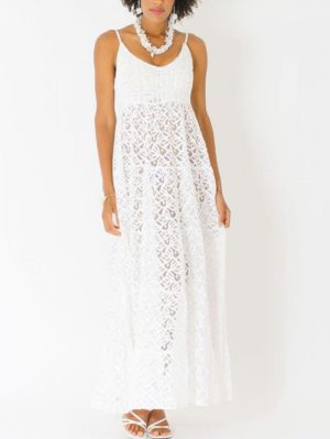 POSITANO Ιταλικό λευκό μακρύ φόρεμα, δαντέλα 12422, Χρώμα Λευκό, Μέγεθος S