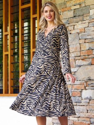 ANNA RAXEVSKY Πλεκτό τιγρέ κρουαζέ midi φόρεμα D23201, Χρώμα Πολύχρωμο, Μέγεθος L