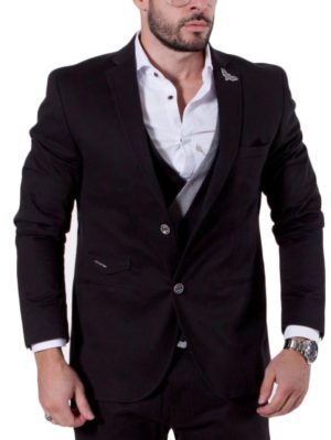 STEFAN Ανδρικό μαύρο slim μεσάτο σακάκι, διακοσμητικό μαντήλι, Χρώμα Μαύρο, Μέγεθος 52
