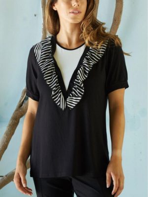 ANNA RAXEVSKY Γυναικεία κοντομάνικη μπλούζα, βολάν. B20112, Χρώμα Μαύρο, Μέγεθος M